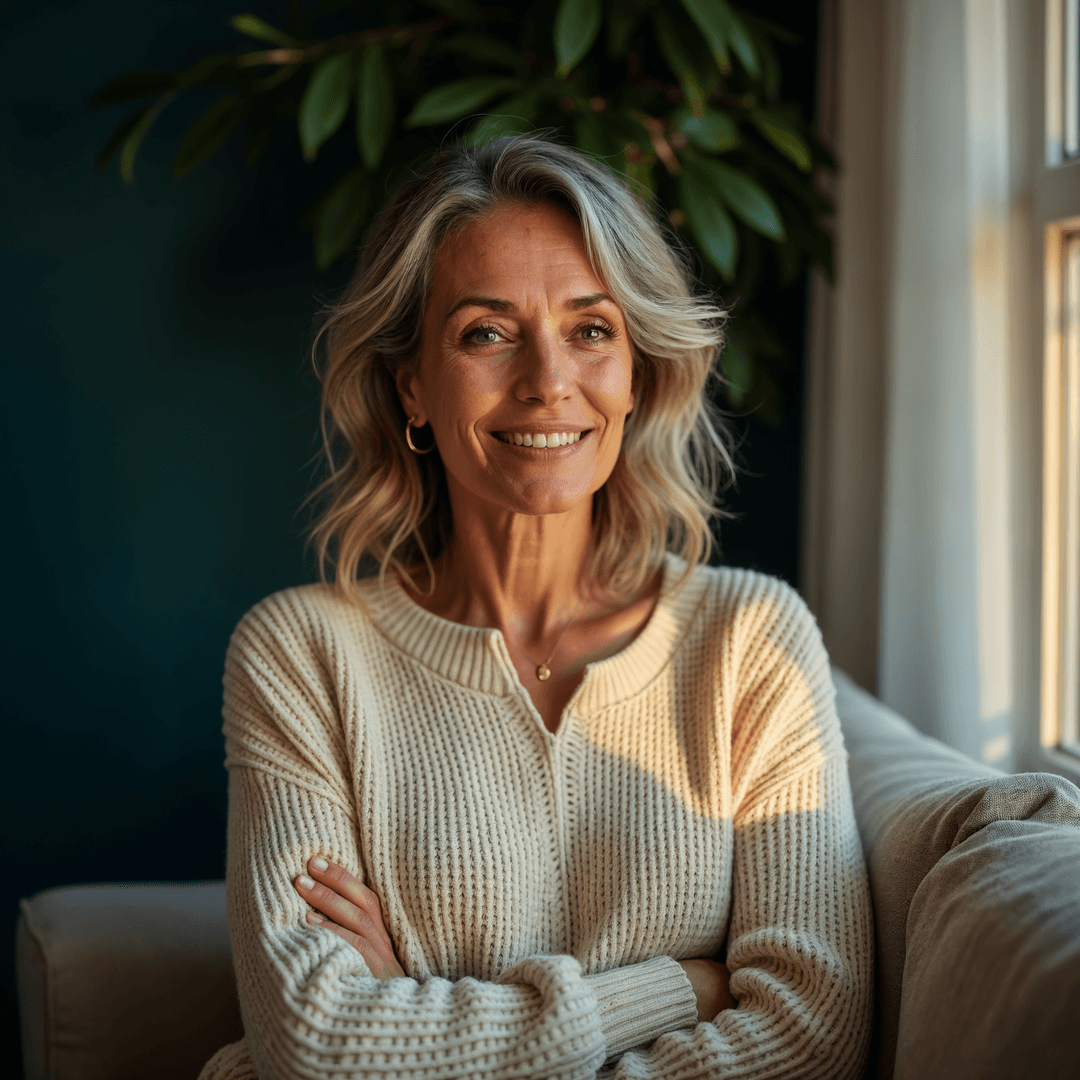 Retrato editorial de mulher madura em luz dourada acolhedora, representando o tema menopausa e climatério