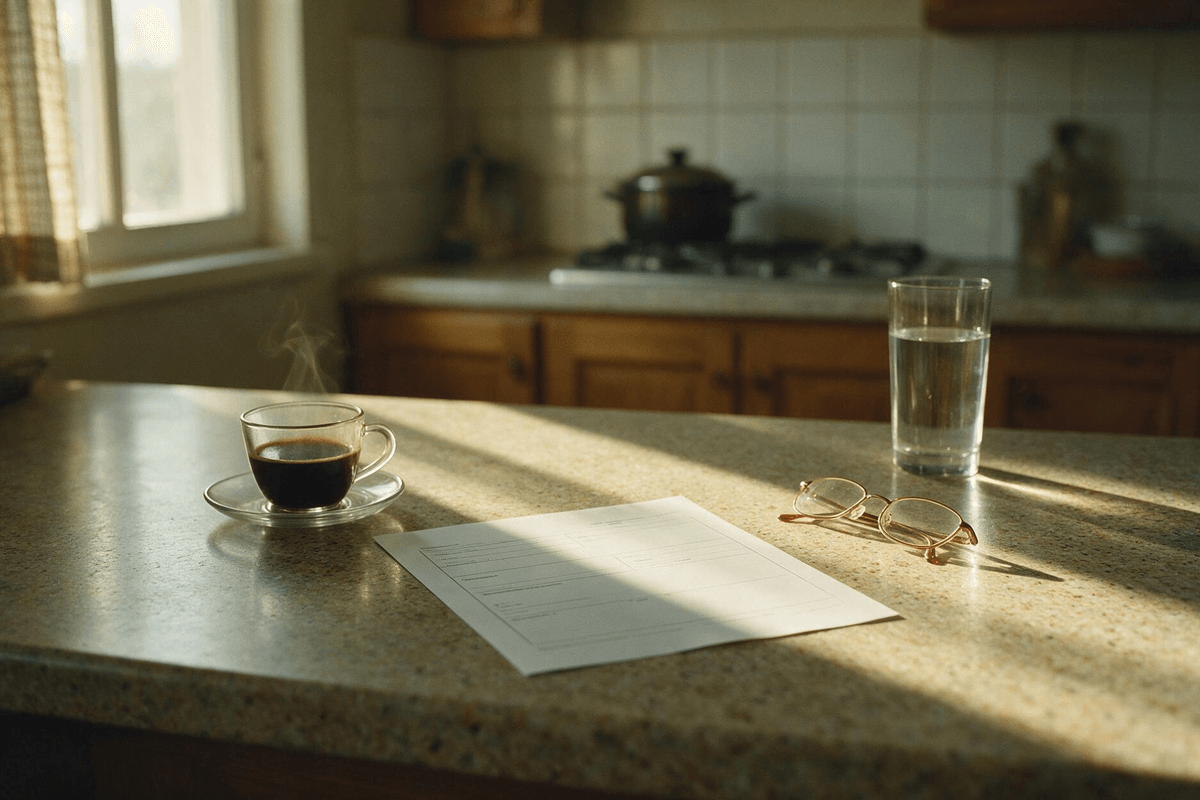 Pedido de exame sobre a bancada da cozinha ao lado de xícara de café, óculos e copo de água, na luz da manhã
