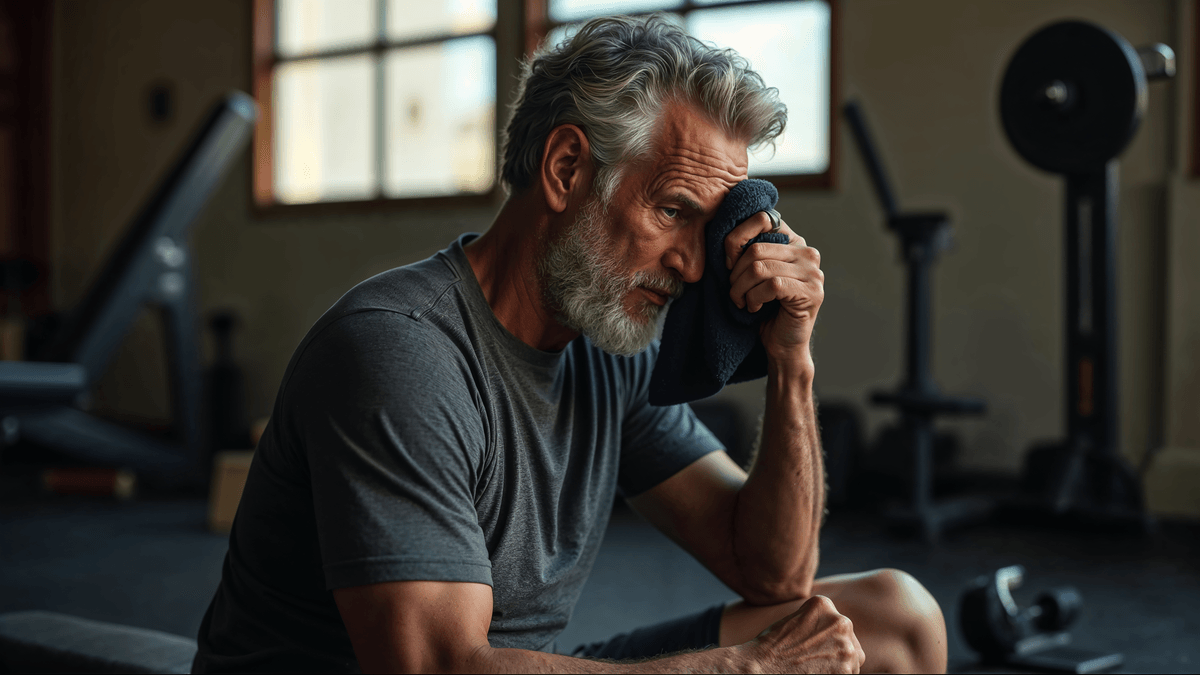 Homem brasileiro pós-treino força contemplativo · retrato editorial Forja para Homens saúde masculina C+Med