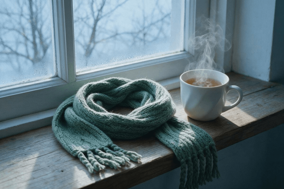Cachecol de lã enrolado no peitoril ao lado de uma xícara fumegante, em manhã fria de inverno