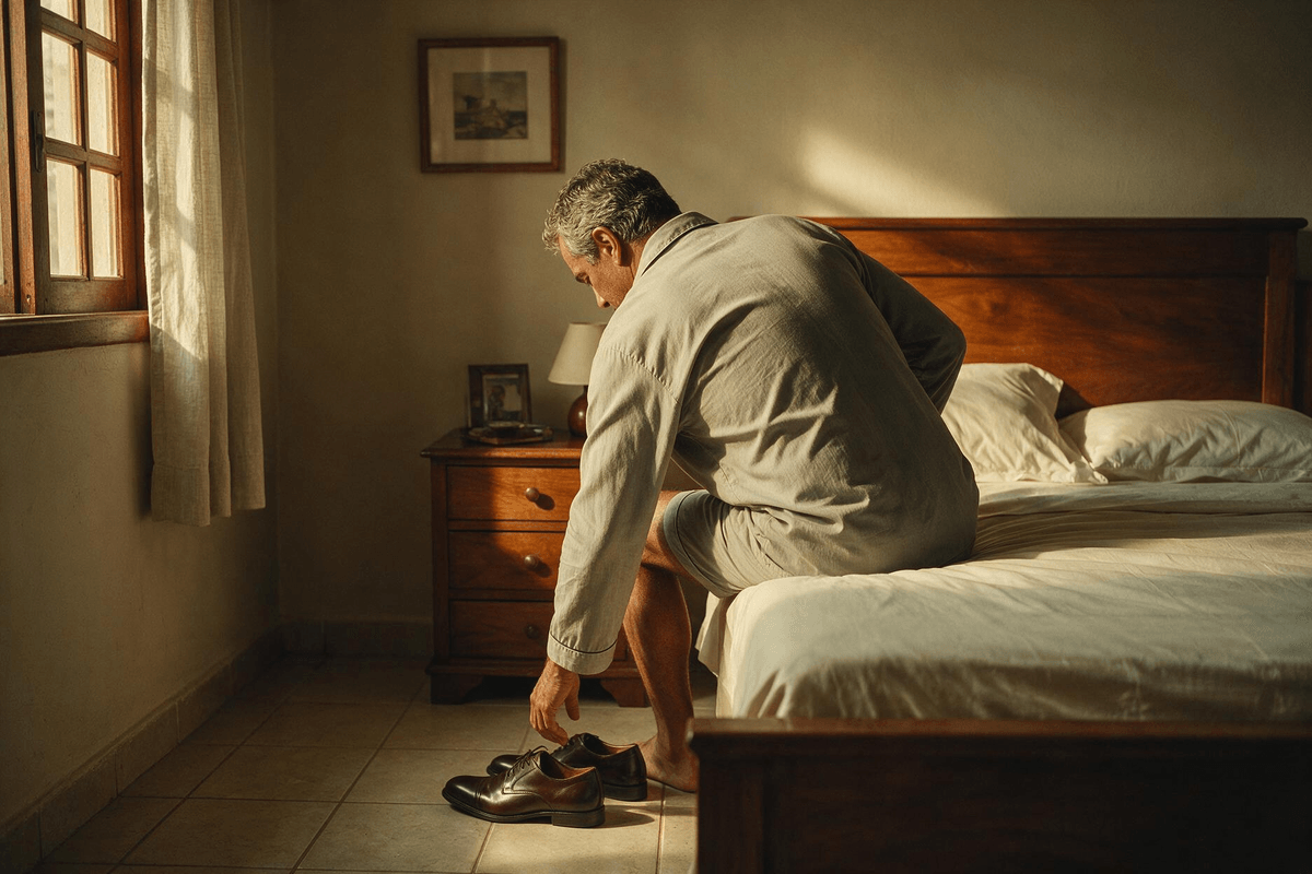 Homem de meia-idade de costas, sentado na beira da cama de madeira, alcançando o sapato no piso claro do quarto