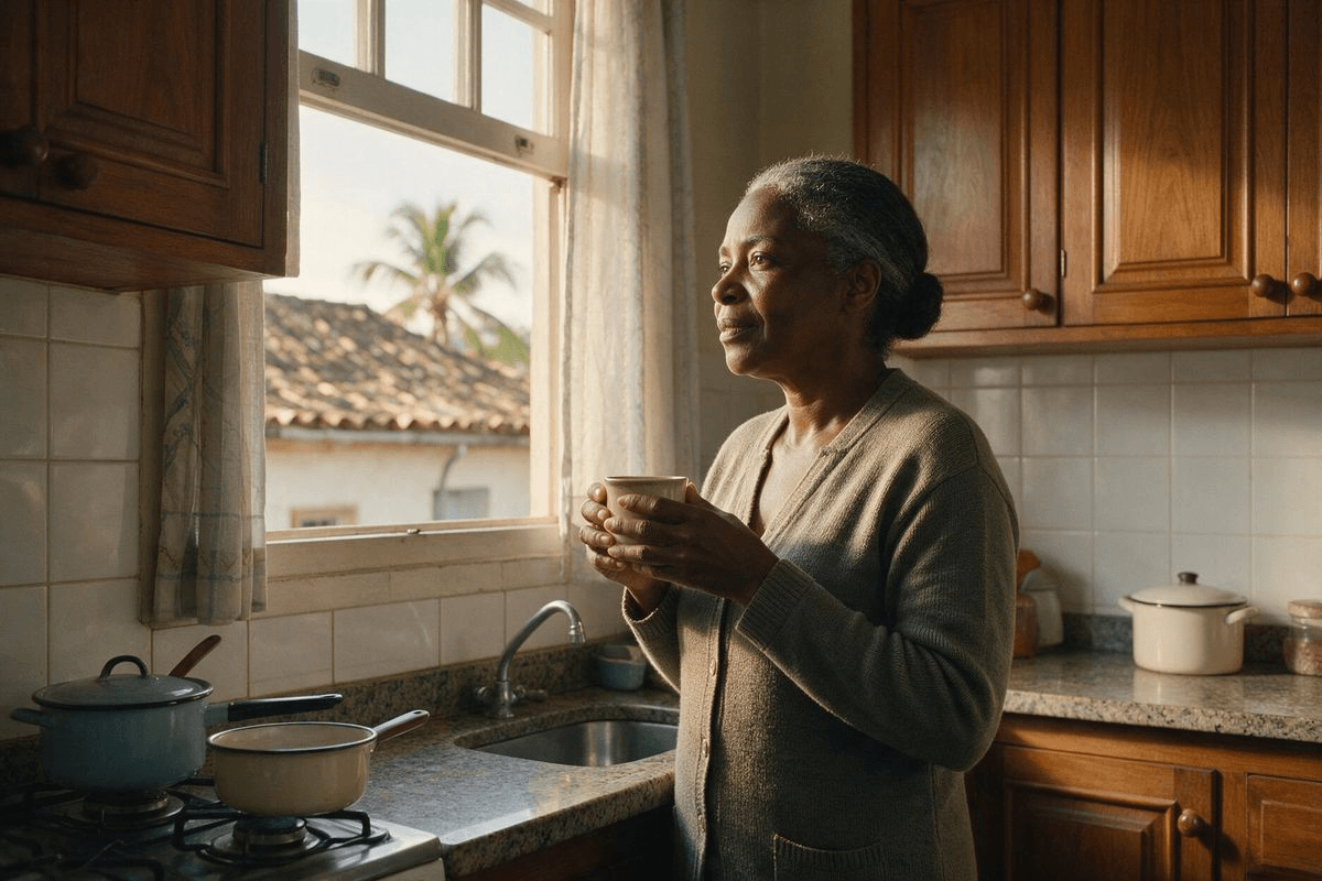 Mulher negra do Recôncavo na cozinha de casa, cardigã fechado e caneca nas mãos, olhando a manhã pela janela