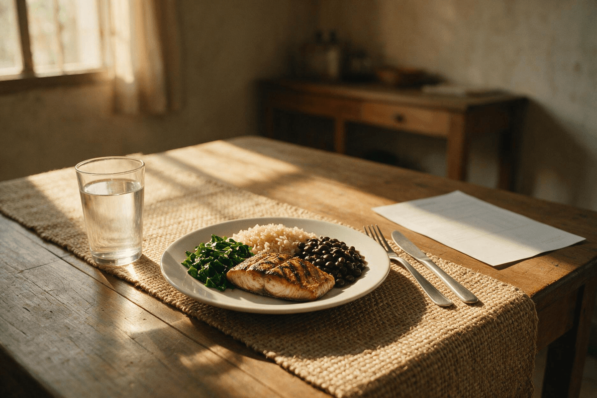 Prato de peixe grelhado, arroz, feijão e couve na mesa de casa, com o resultado do exame ao lado