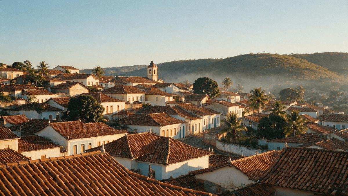 Casario colonial de cidade do interior da Bahia ao amanhecer, com a serra ao fundo