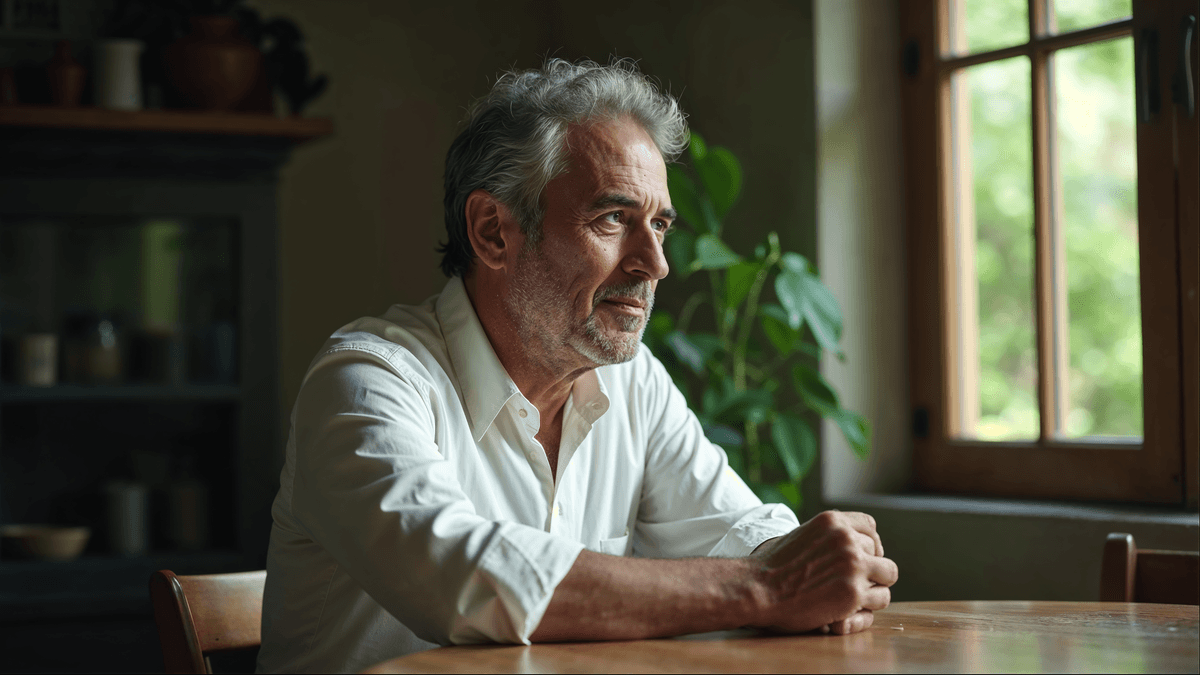 Homem brasileiro 40+ contemplativo luz natural · retrato editorial CEMED 4.0 avaliação masculina C+Med
