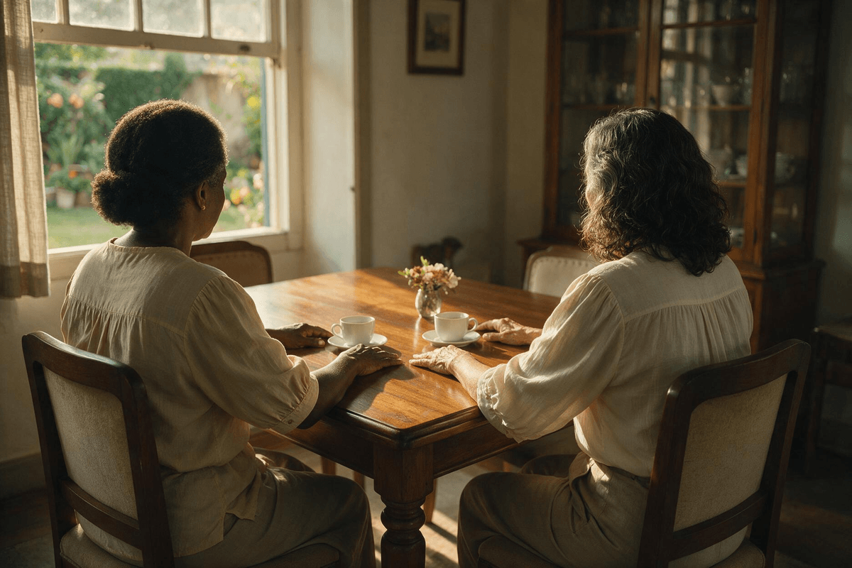 Duas mulheres maduras de costas à mesa de jantar de casa, xícaras de café e vaso de flores entre elas