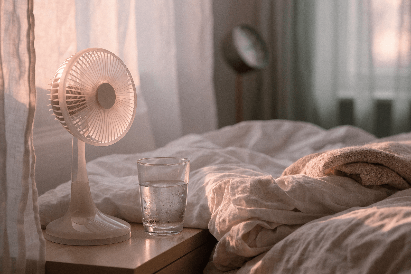 Cabeceira ao amanhecer com ventilador, copo de água e lençóis amassados · noites de calor e sono interrompido na menopausa