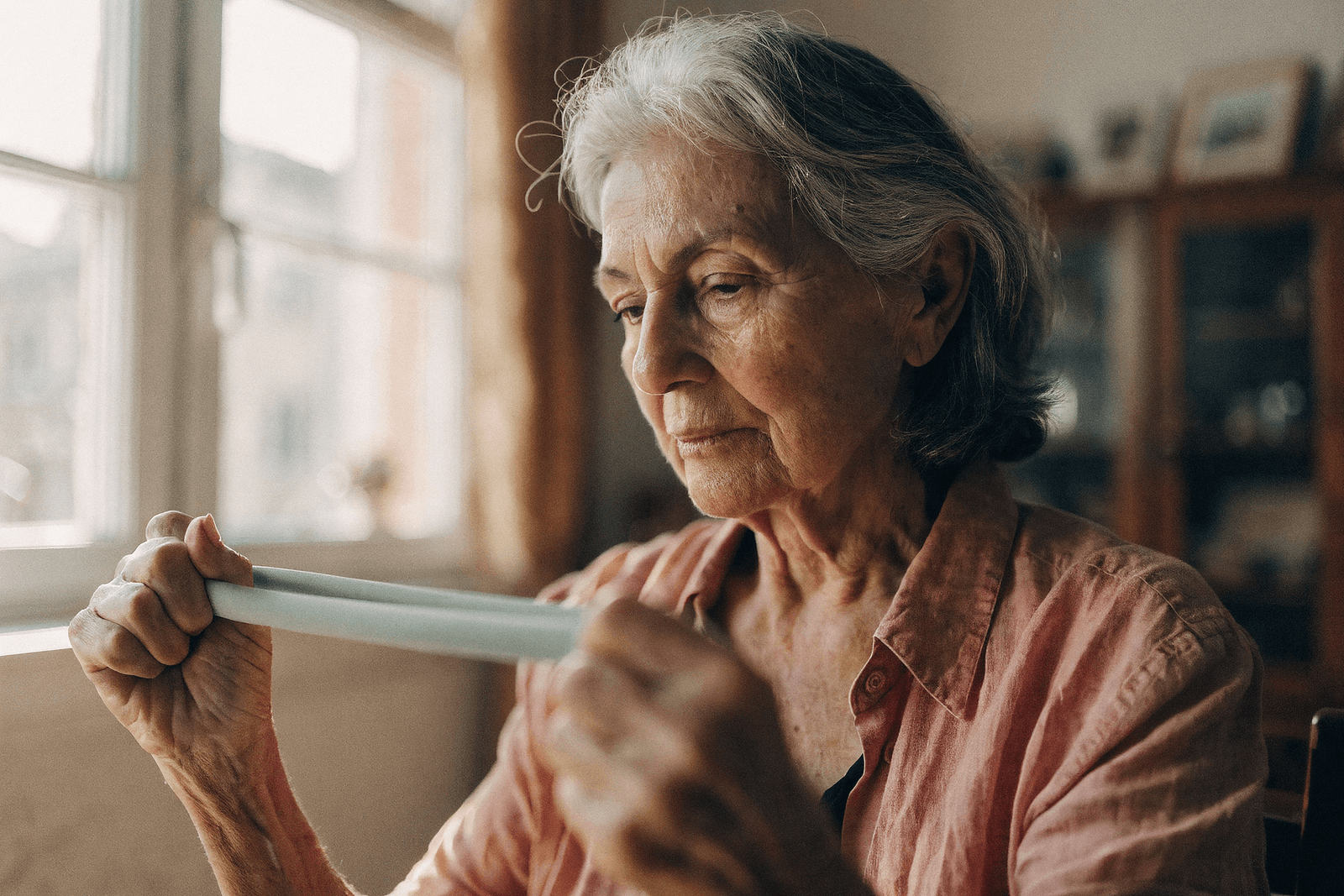 Mulher idosa retomando força com faixa elástica de fisioterapia em casa, sob luz de manhã · reabilitação após cirurgia