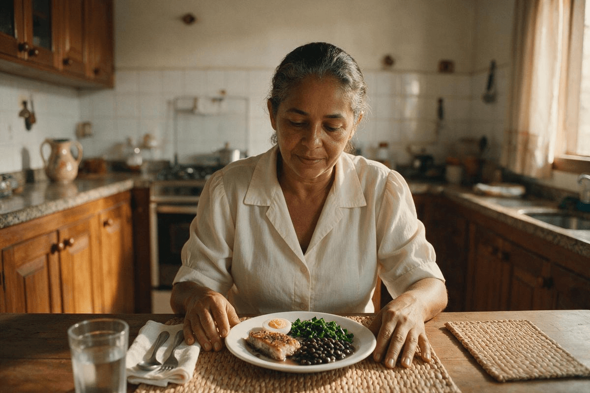 Mulher de meia-idade à mesa da cozinha diante de prato com peixe grelhado, feijão preto, couve e ovo