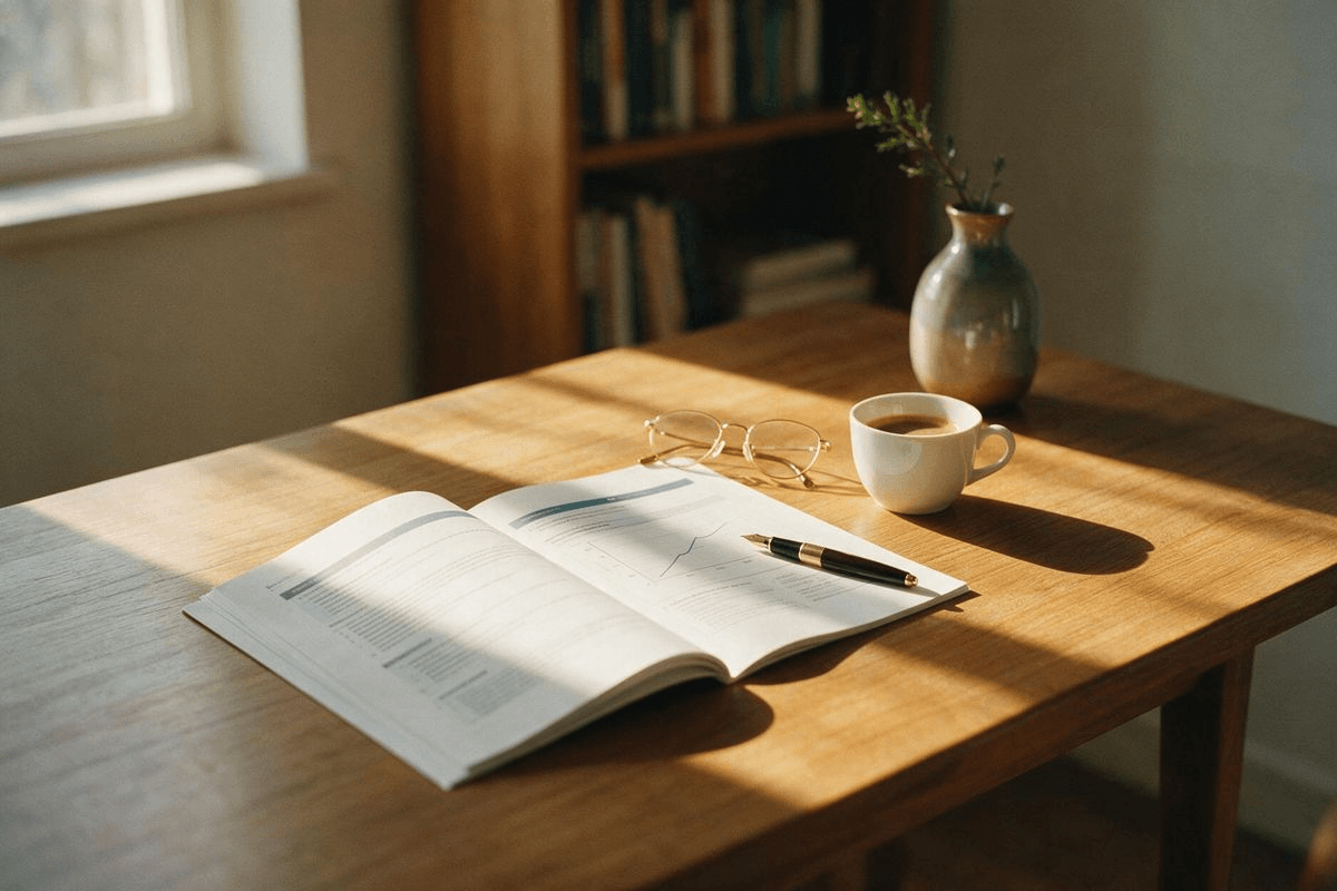 Diretriz clínica aberta sobre mesa de madeira, com óculos de leitura e café