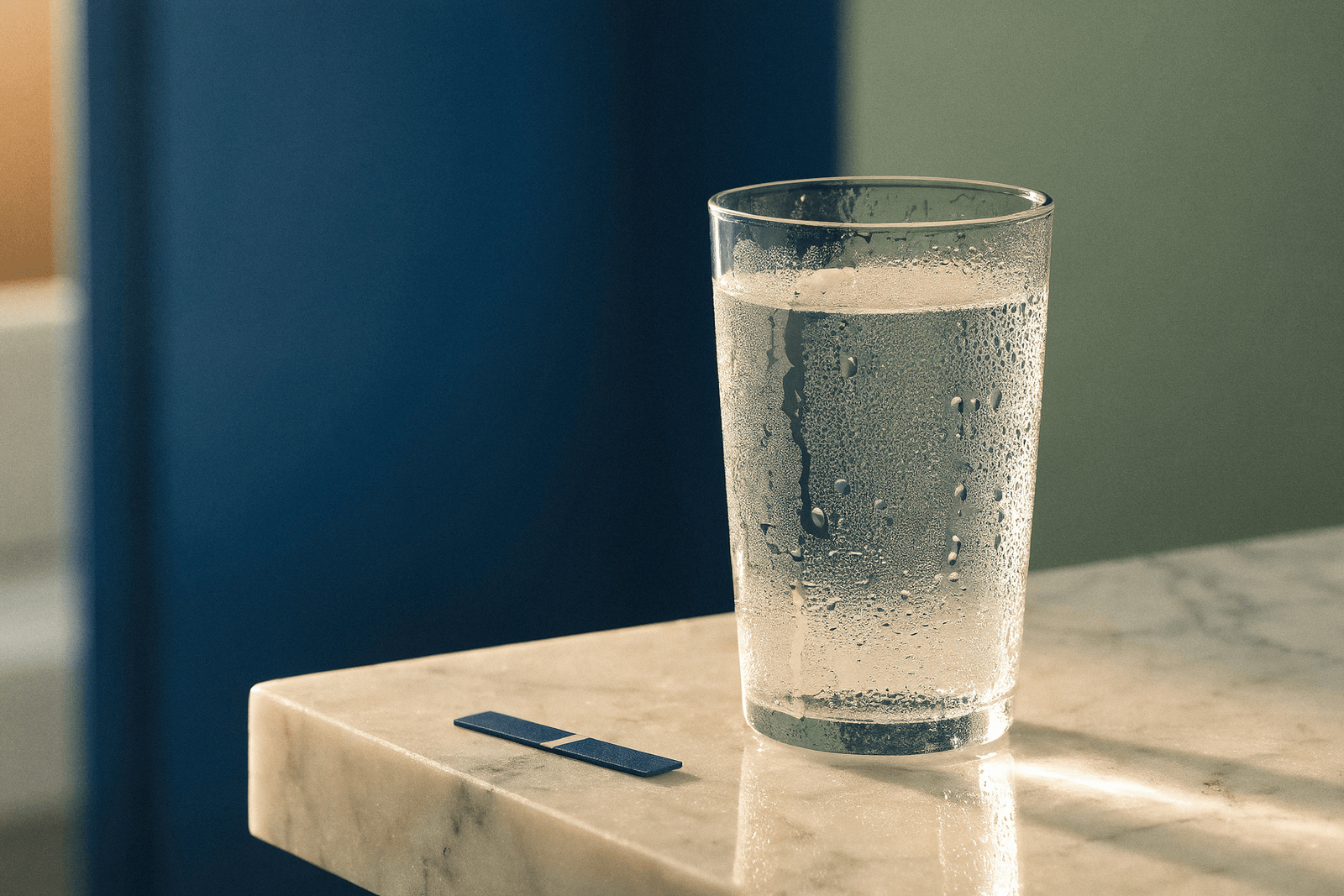 Copo de água com gotas de condensação sob luz da manhã, ao lado de uma tira de teste · sede constante como sinal de diabetes não diagnosticado