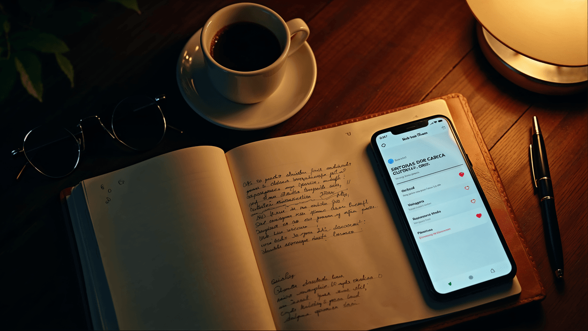 Smartphone com busca de saúde ao lado de notebook e caneta · letramento digital em saúde no Brasil