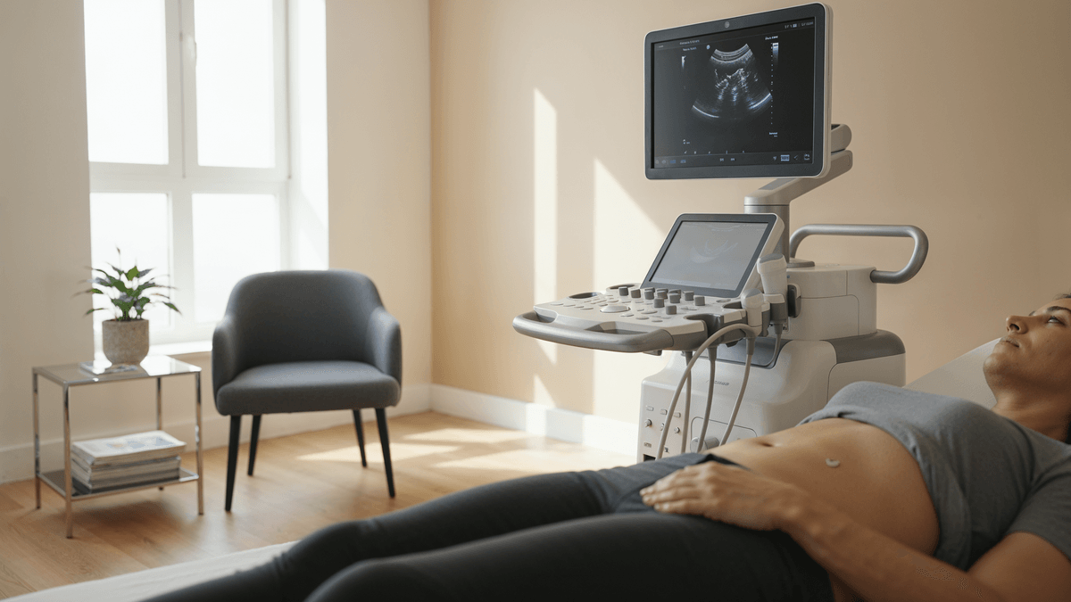 Transdutor de ultrassom e relatório de exame sobre mesa · guia de ultrassonografia do Método CEMED