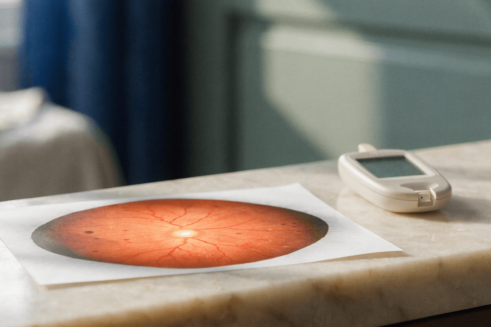 Retinografia de fundo de olho impressa ao lado de um medidor de glicose · o diabetes afeta a retina antes de a visão piorar