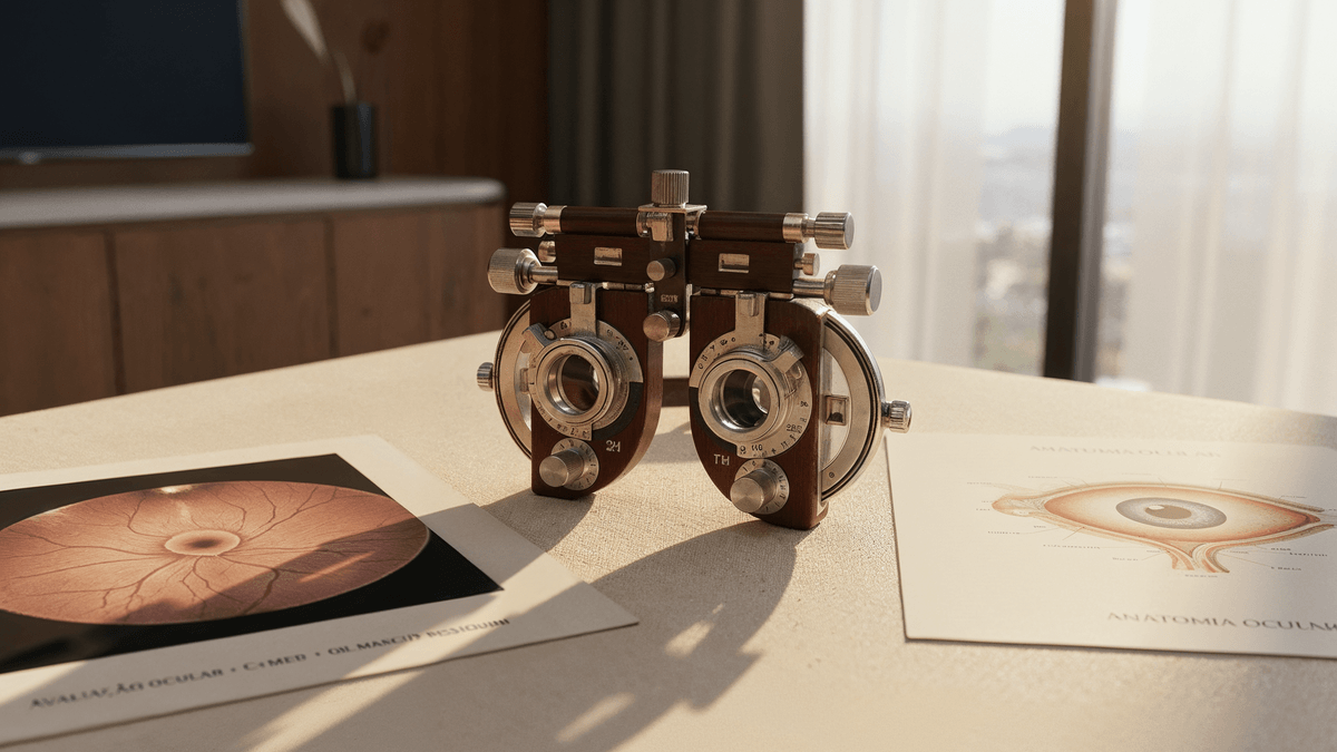 Armação de provas, exame de retina e anatomia ocular · avaliação ocular completa Vision 360°